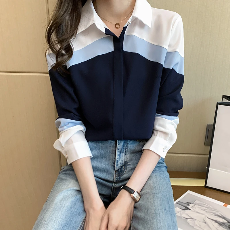

Office 2021 Button Up Shirt Women Elegant Blouses Autumn Korean Fashion Long Sleeve Collared Ladies Clothes chemisier femme