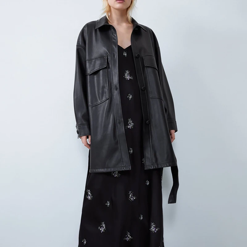 Новая модная свободная длинная куртка из искусственной кожи с ремнями Женская