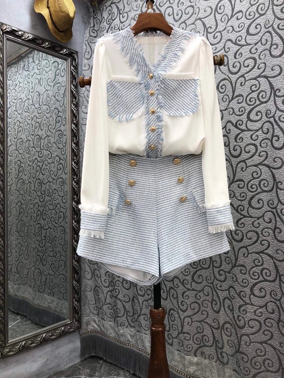 

2021 new women fashion leader mustache stitching symmetrical pocket long-sleeved shirt + shorts suit 730