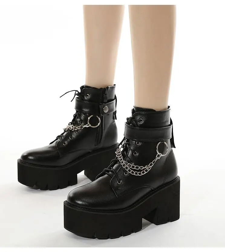 

Classic Sexy Black Ankle Boots For Women Plus High Heel Female Shoes Lace-Up Nigh Club Black Rivets Chain Short Boots Large siz