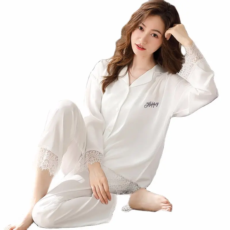 

Spring White Lace Satin Pyjama Feminino Mujer Dormir Home Clothes Women Satin Silk V-neck Femme Bedroom Sleepwear PJs