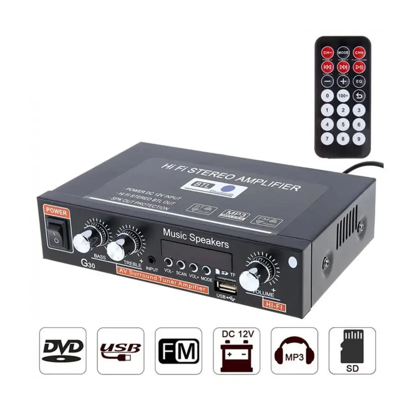 

2-канальный Hi-Fi аудио FM радиоусилитель 12 В/220 В, Bluetooth Стерео усилители мощности, усилители для автомобильного домашнего кинотеатра