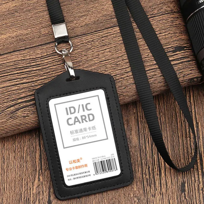 

High Quality PU Leather Work Pass ID Card Badge Holder/Credit Card Holder Name ID Badge Case Holder With Lanyard