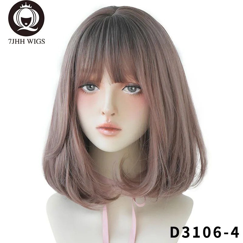 

COYOUNG Store Pink Linen Short Straight Hair Lolita Wig with Bangs Synthetic Wigs for Women Cosplay Heat Resistant Glueless Wig