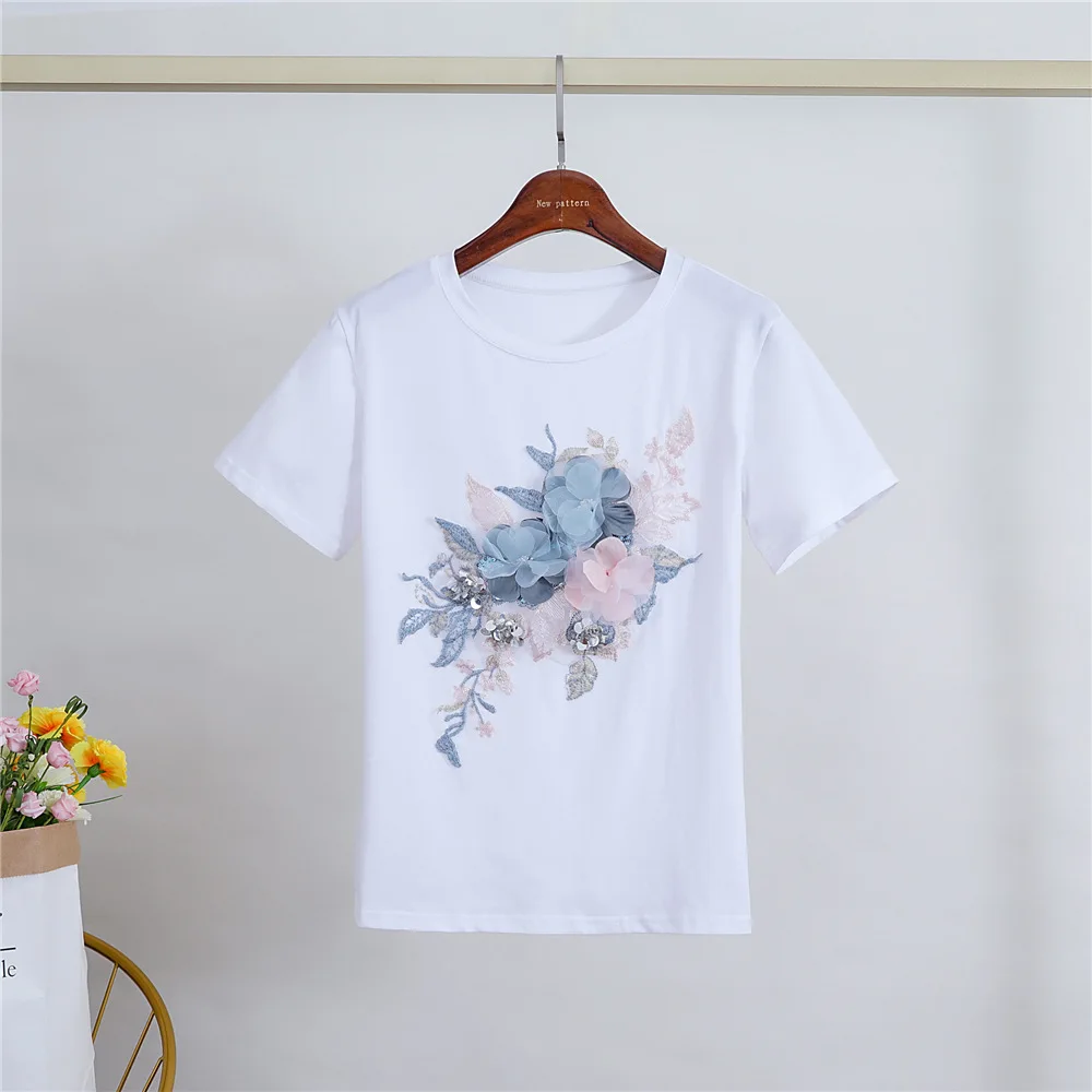 Женская футболка с коротким рукавом Повседневная белая голубыми кружевными
