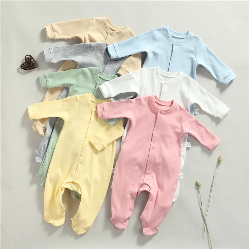 

Newborn Baby Footed Rompers Pajamas Cute Casual Solid Color Girls Boys Long Sleeve Button Down Jumpsuits Clothes Fall Spring