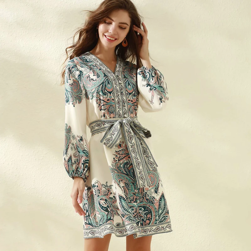 

2021 SPRING V NECK VINTAGE PRINT BELTED LONG SLEEVE DRESS