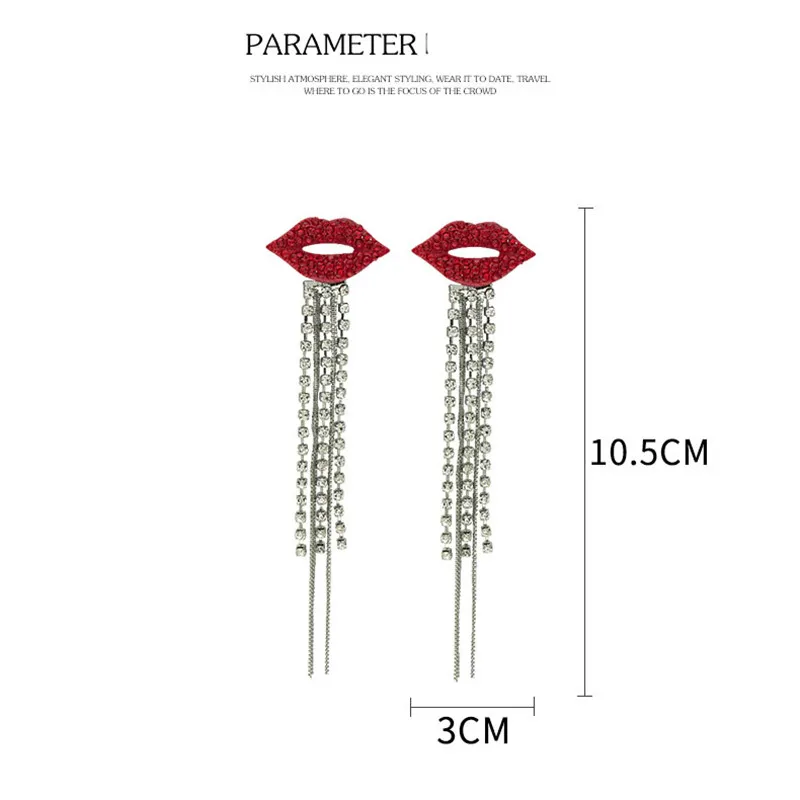 Женские серьги с бахромой и кристаллами красными подвеска губы корейский стиль