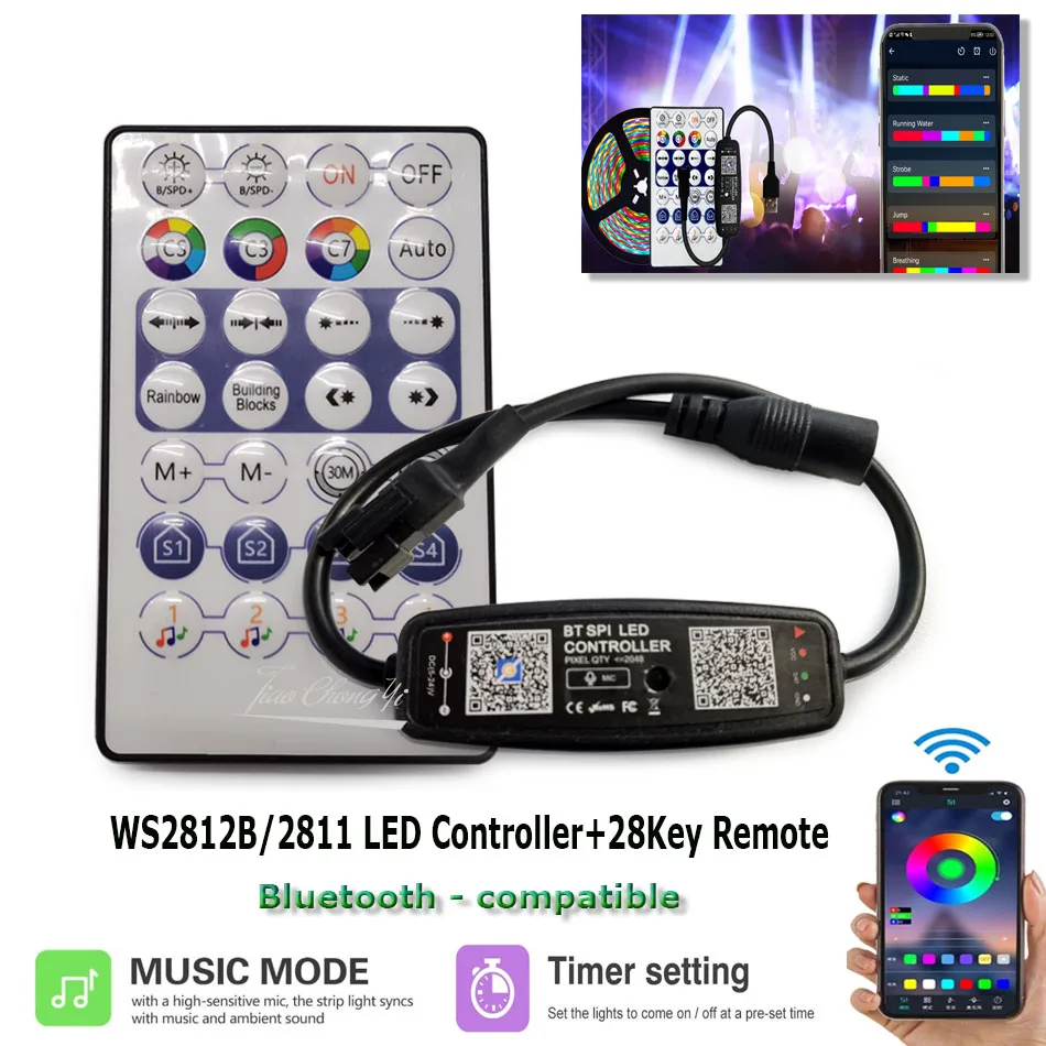 WS2812B LED Controller Bluetooth--compatible Music For SK6812 WS2811 WS2812 Pixel Strip Light APP 28Keys Remote DC5-24V | Освещение
