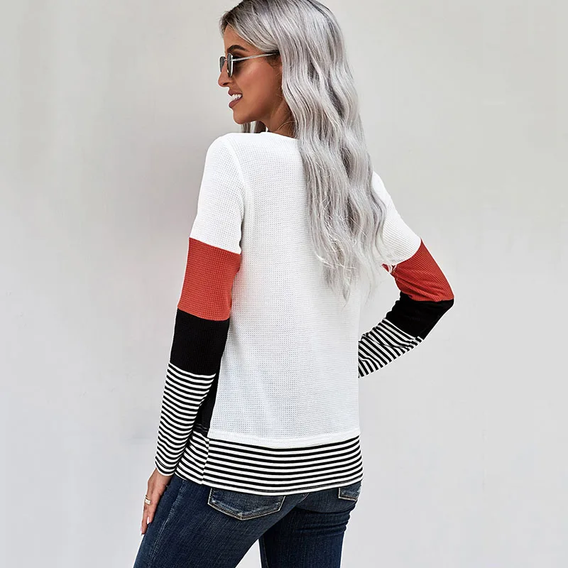 

European Fashion Women Autumn O-neck Stitching Long-sleeved Striped Stretch Knitted Top Female Loose Pullover Base Sweater G139