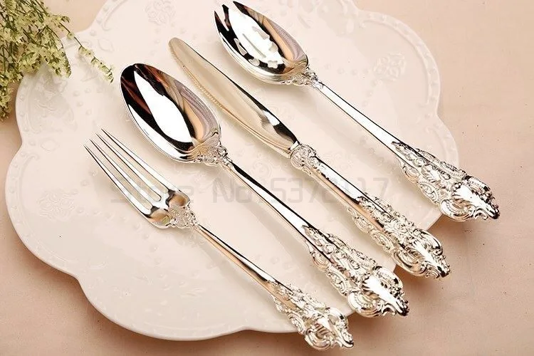 

Luxury Silverware Dinnerware Silver Plated Wedding Cutlery Stainless Steel Gold Dinner set Retro Party Tableware in Box