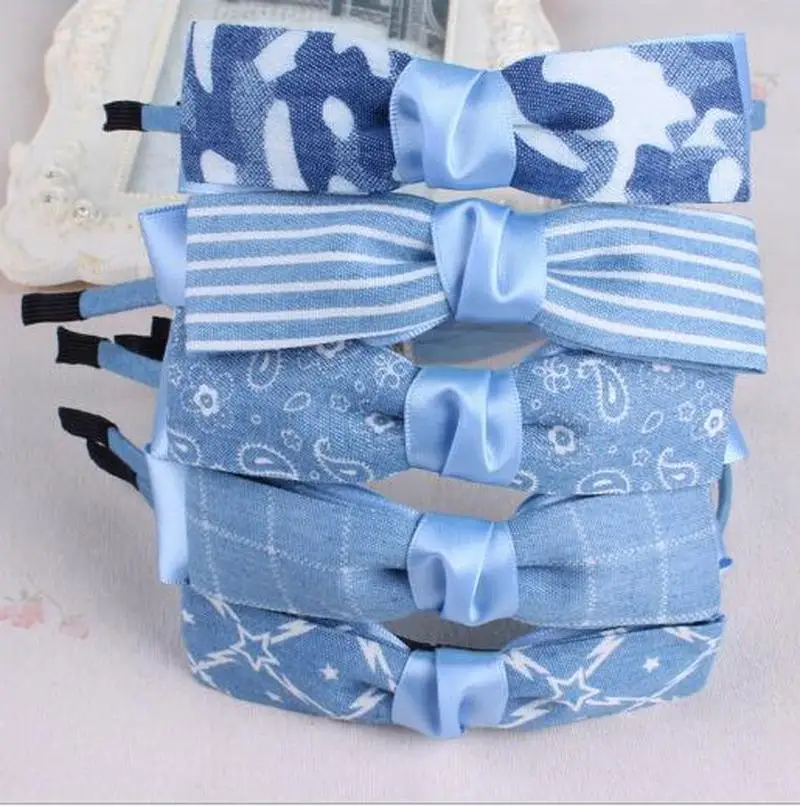 

2020 New Cute Children Bowknot Hair Band Printed Denim Headbands Girl's Bows Turban Star Girls Hairbands Kid's Hair Accessories