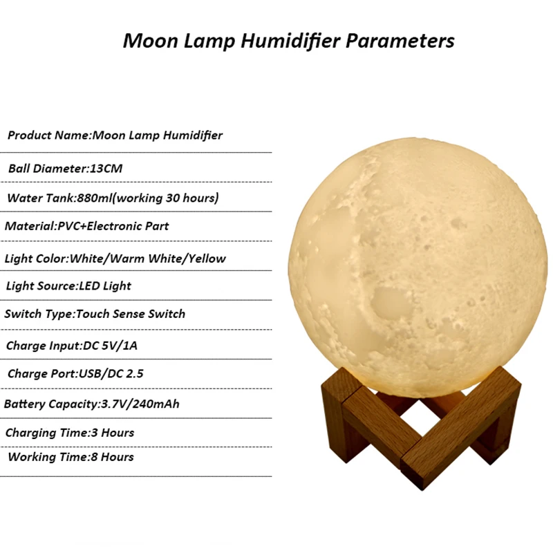 

880ML Ultrasonic Air Humidifier Simulation 3D Moon Night Light USB Aroma Diffusor Dimmable Fogger Humidificador Mist Maker