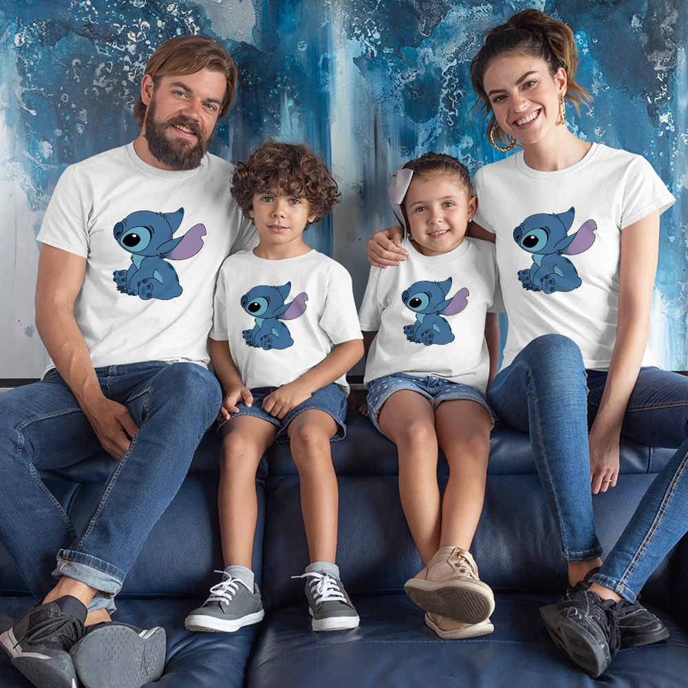 

Disney Stitch Ohana Family Set T-shirt Summer Mom and Daughter Aesthetic Clothes Kawaii Harajuku Dad Boy T shirts For Children