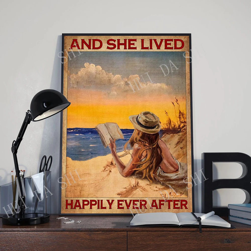 Плакат с книжками-и она жила счастливой после настенное искусство книжкой для
