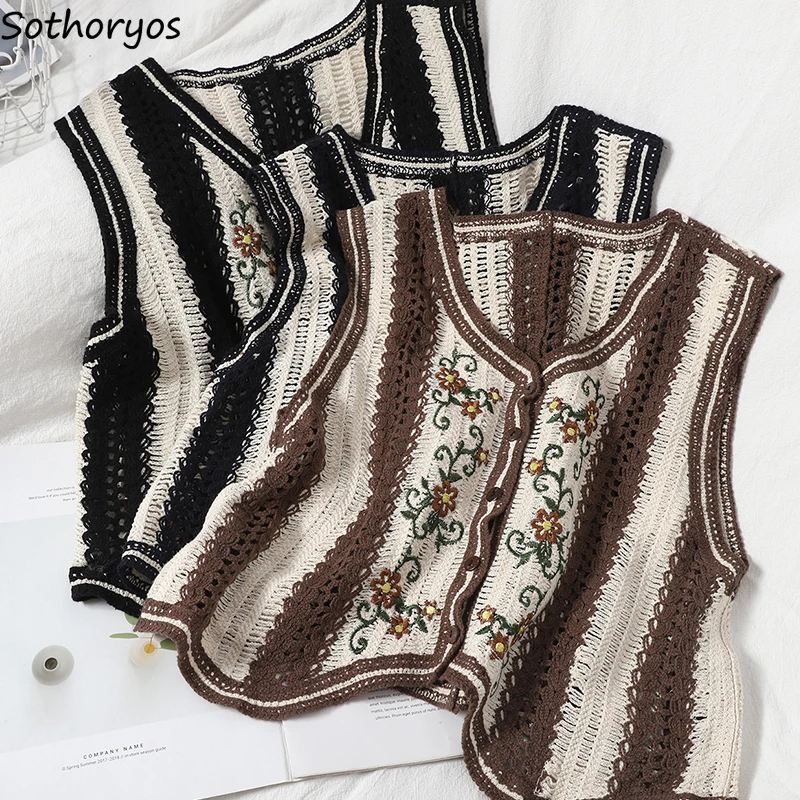 

Sweater Vest Women Vintage Fall Fashion All-match Chic Korean Simple Harajuku Streetwear Embroidery Ladies Ins Hollow Out V-neck