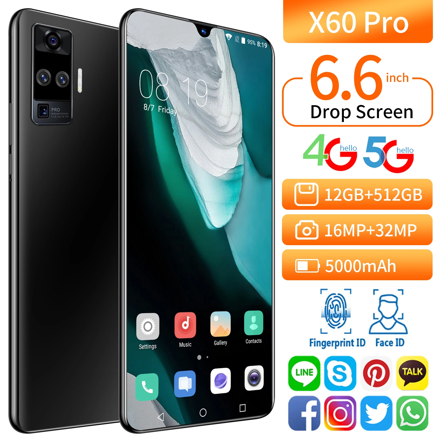 

Global VersionX60 Pro 6.6" Smartphone Snapdragon 865 Quad Camera 32MP 12GB+512GB 5000mAh Android 10.0 5G LTE Cell Mobile Phone