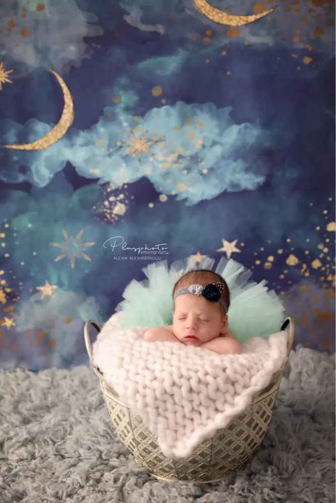 Фон для фотосъемки новорожденных с золотой Луной и звездами вечерние фоны