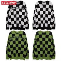 atsunny harajuku lattice sweater hip hop retro japanese style knitted sweaters man streetwear autumn and winter clothes pullover