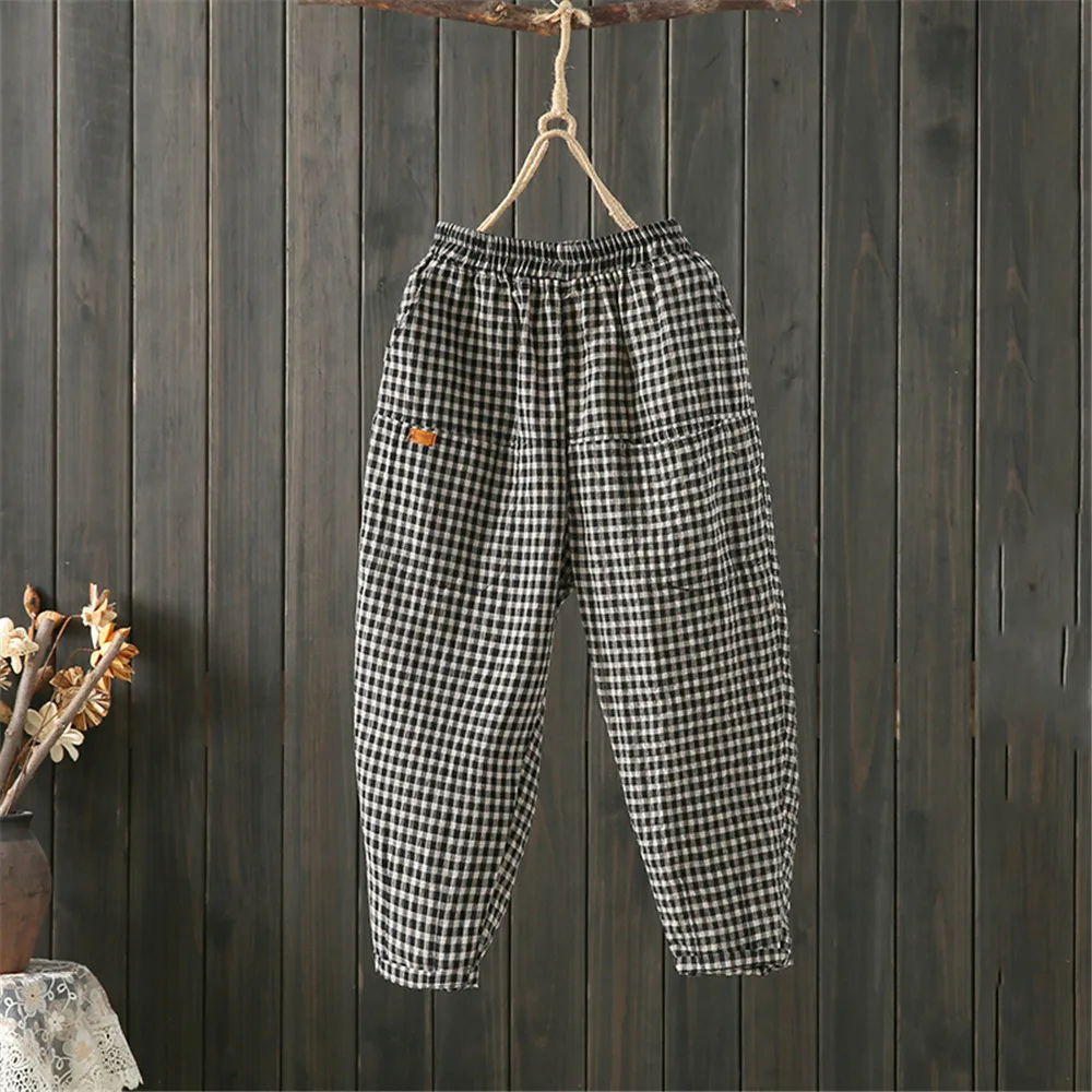 

WomenSummerLargeSizePlaidAnkleLengthPantsElasticWaistCasualLooseWildHaremTrousersFemaleVintageClassicalPants
