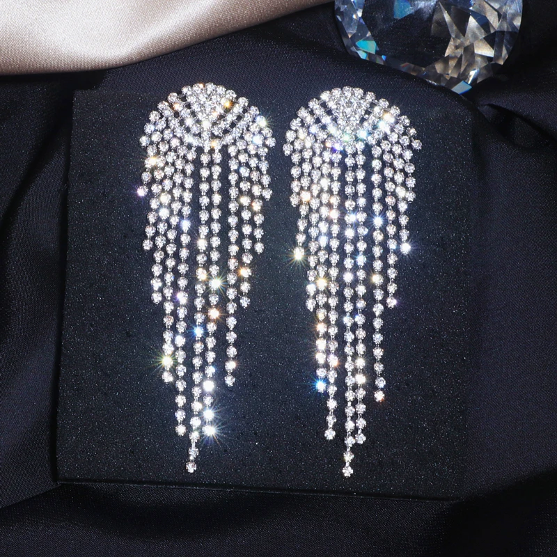 Trendy Crystal Tassel Drop Earrings For Woman Luxury Rhinestone Long Wedding Dangle Earring Female Bohemia Jewelry 2019 New | Украшения и