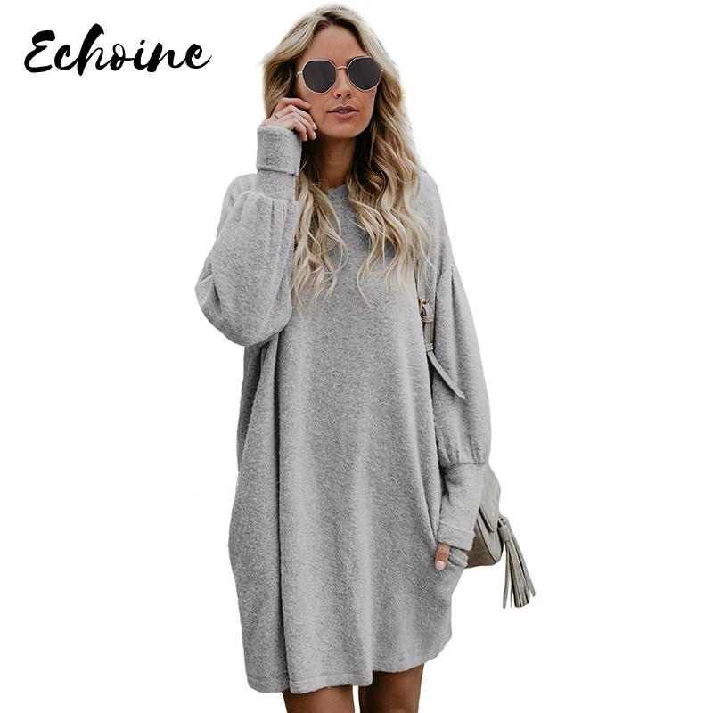 Красный/серый Осень Зима длинный фонарь рукав вязаный свитер платье Женская мода