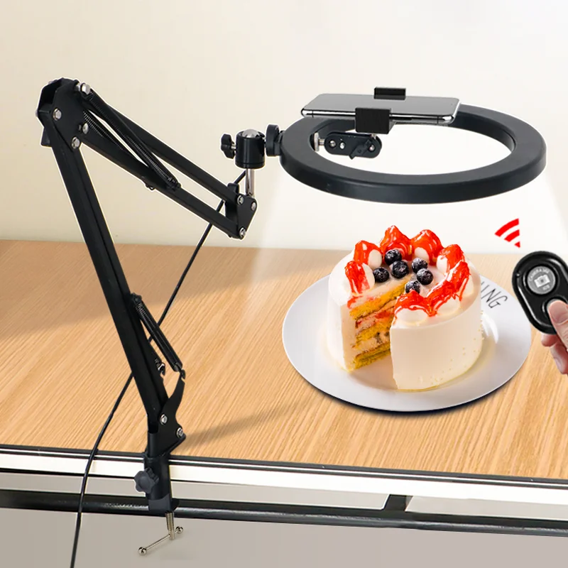 

26cm LED Ring Light With Long Arm Stand Selfie Lamp Dimmable Photography Lighting Kit For Live Stream Tiktok Phone Clip Holder