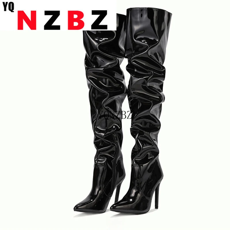 

YQNZBZ 2021 New Thigh High Boots Fashion Patent Leather Pointed Toe Zip Female Stiletto Heels Pleated Design Women's Shoes