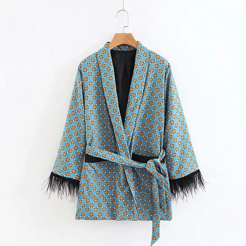 

Women's Suits Spring Summer Pink Geometric Printing Feather Kimono Jacket Vertical Wide Leg Pants Pajamas Suits Two Piece Set