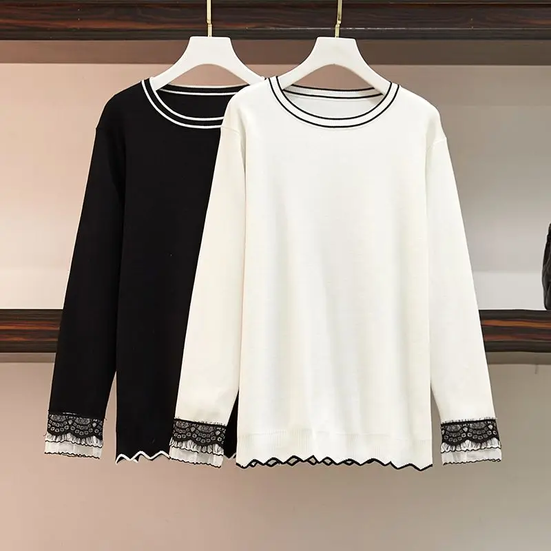 

2021 Loose Sweater Women's New Spring And Autumn Round Neck Lace Top
