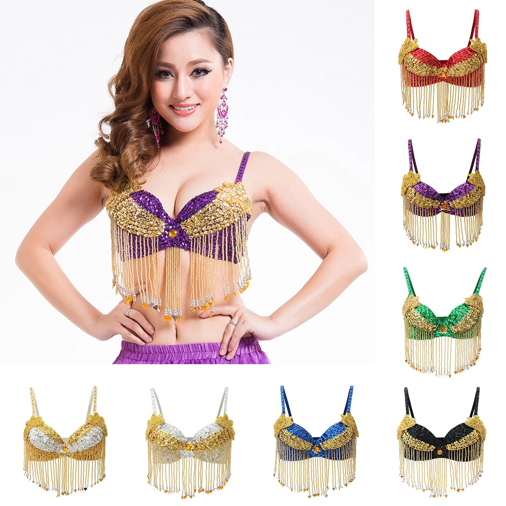 

Ladies Belly Dance Costume Sequins Tassels Bra Performance Dancewear