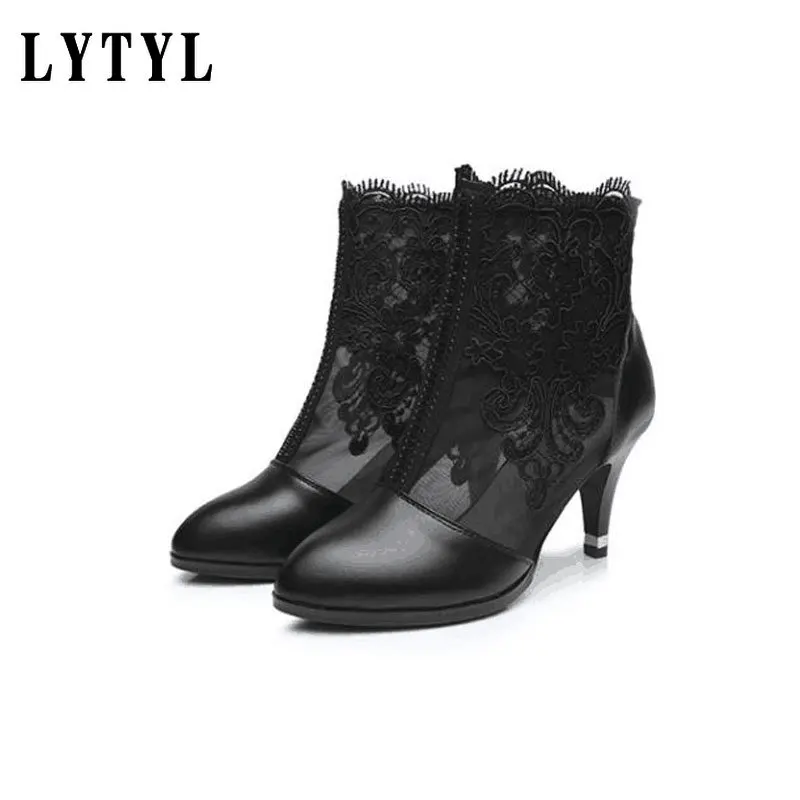 

Leather High Heels Mesh Boots Woman Fashion Sandals Boots Women Summer Heels Pointed toe Shoes for Female Black White B20-801