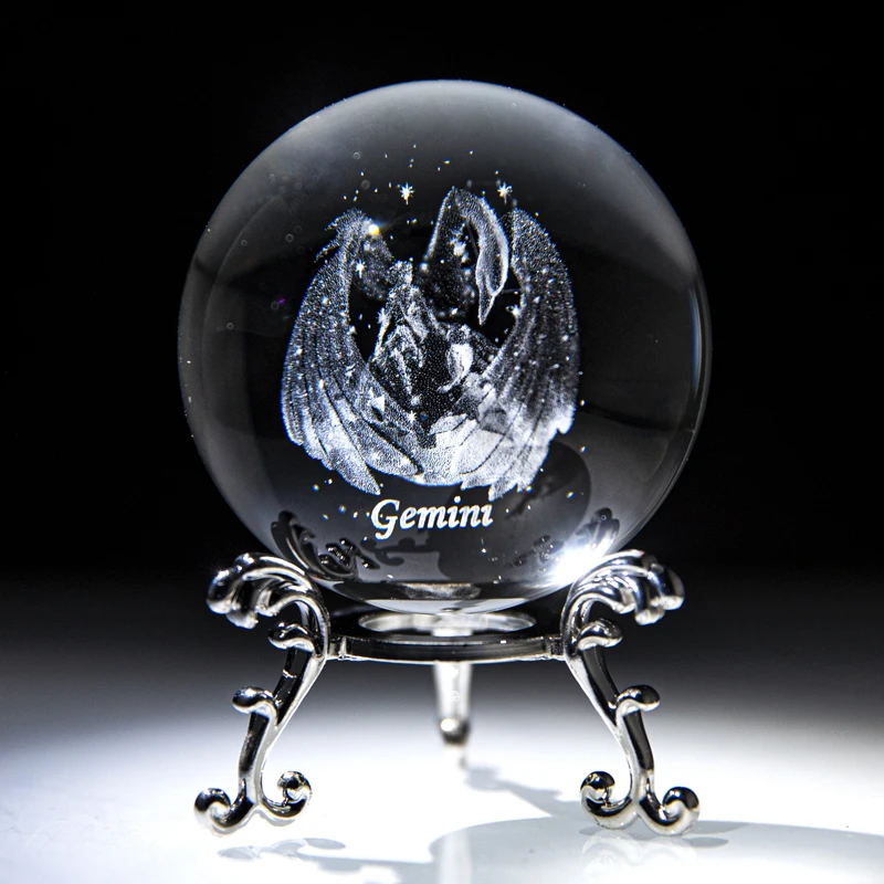 

H&D 60mm Crystal Ball Inner Carved Gemini Paperweight 3D Constellation Ornament Sphere for Birthday Gift With Stand Home Decor