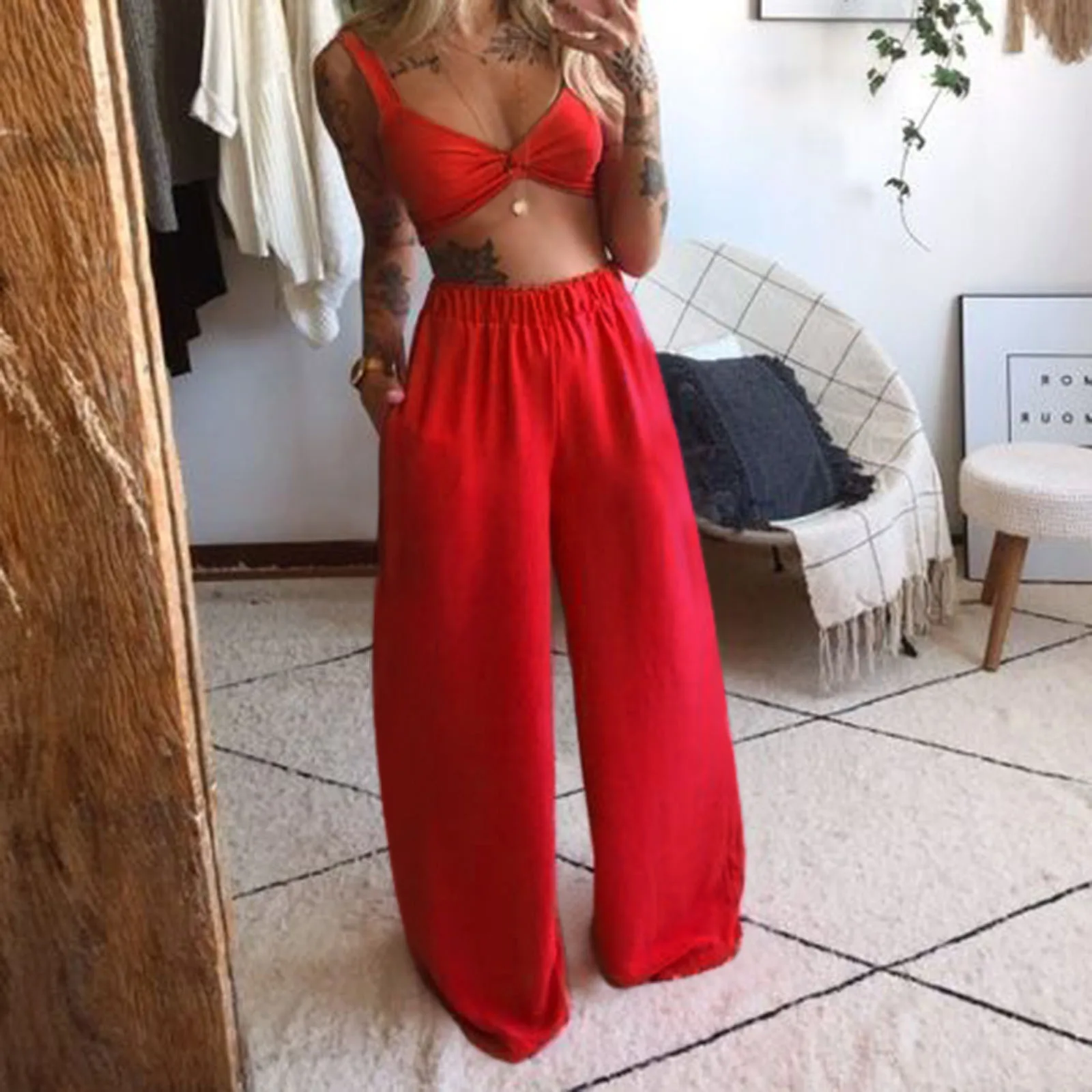 

Sexy Women Solid Color Sleeveless Camis Tops Wide Leg Pants 2 Piece Sets Summer Female Streetwear Vetement Femme 2021 A40