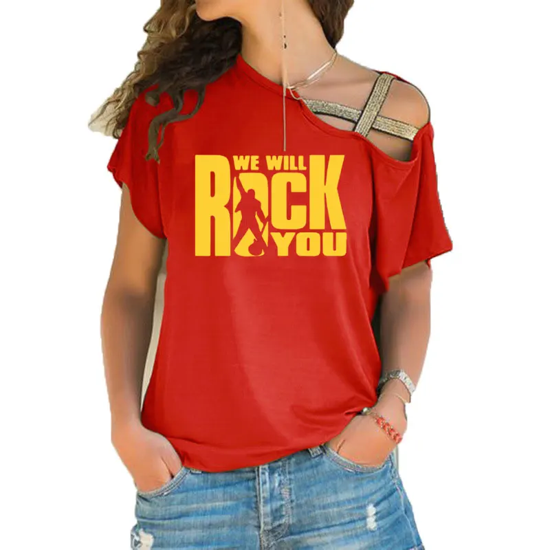 We Will Rock You, женская футболка, летняя, queen, рок-группа, футболка, короткий рукав, хлопок, рок-ролл, для женщин, с неровным перекосом, крест, топы - Цвет: 15