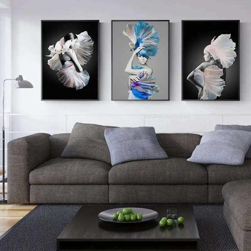 Модные женские портрет рыбий Ангел холст художественные картины принты