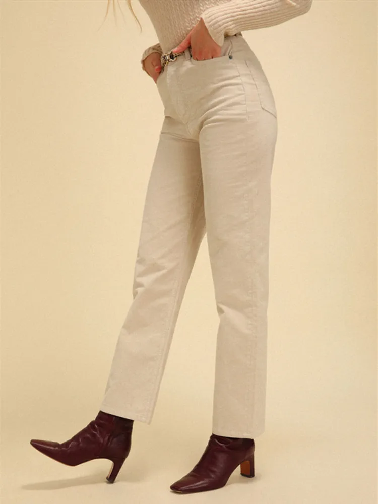 

Clearance Price Female Solid Color Simple Casual Straight Long Pants Women's Corduroy High Waist Trousers