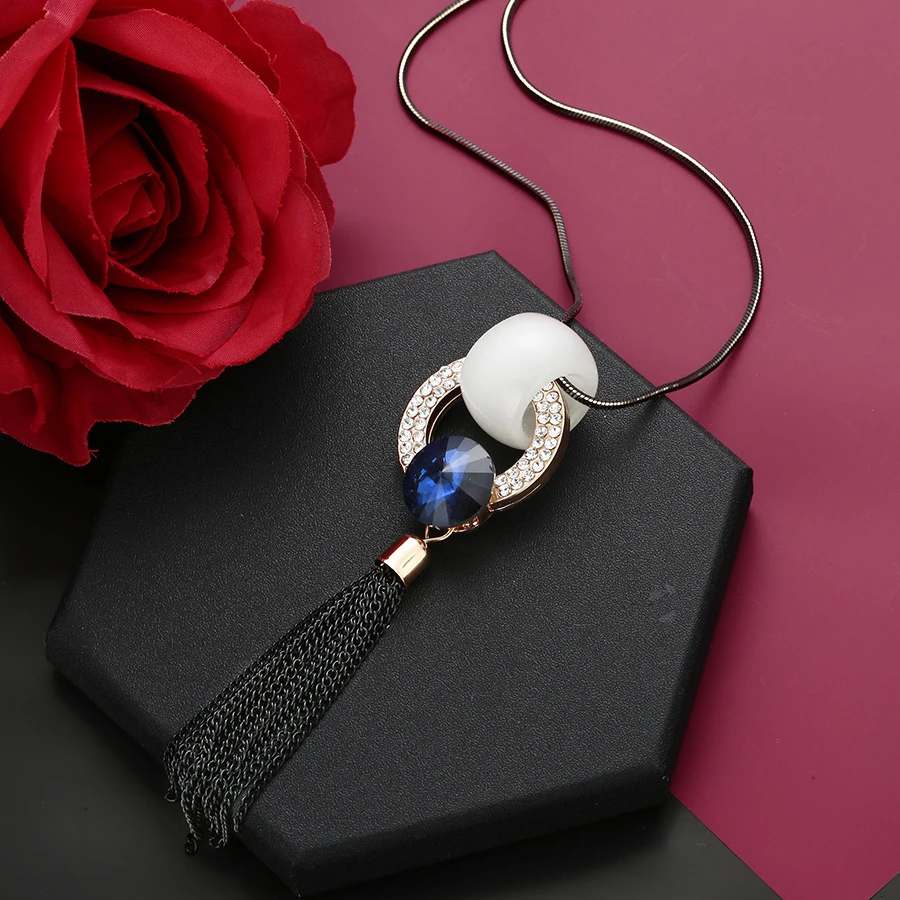 RAVIMOUR черное цепное ожерелье из кисточки Кулон Мода Большой Круглый Опал crital Collier Femme массивное длинное ожерелье женские ювелирные изделия