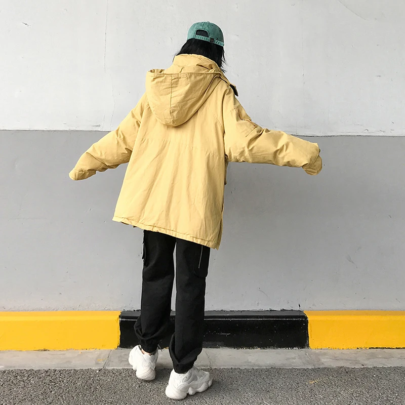PERHAPS U Women Yellow Royal Blue Cotton Coat Zipper Button Pocket Hooded Collar Loose Jacket C0451