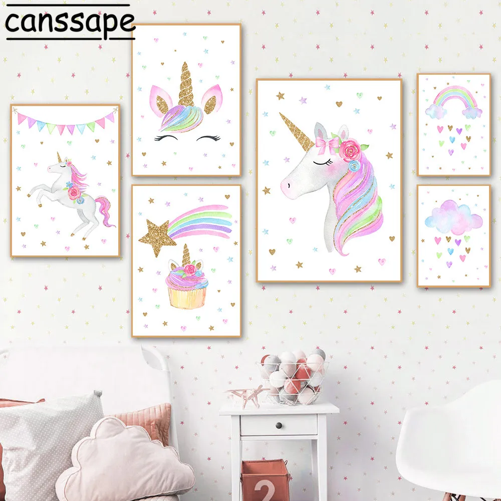 

Nursery Canvas Painting Unicorn Art Prints Rainbow Cloud Posters Star Heart Print Flower Wall Pictures Baby Girls Bedroom Decor