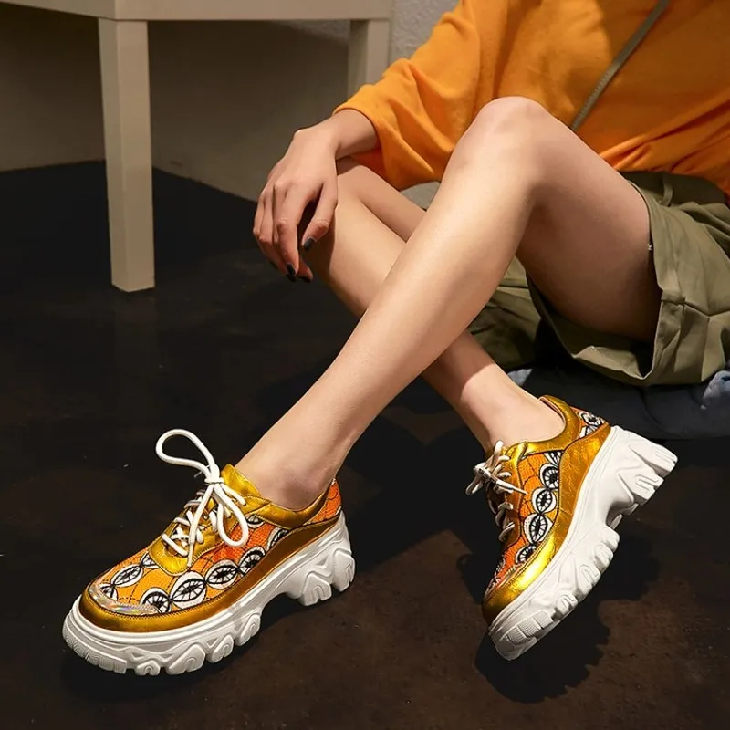 

Hot Sale Womens Genuine Leather Rhinestones Crystal Gold Sliver Glitter Lace up High Platform Chunky Athletics Sneakers Shoes