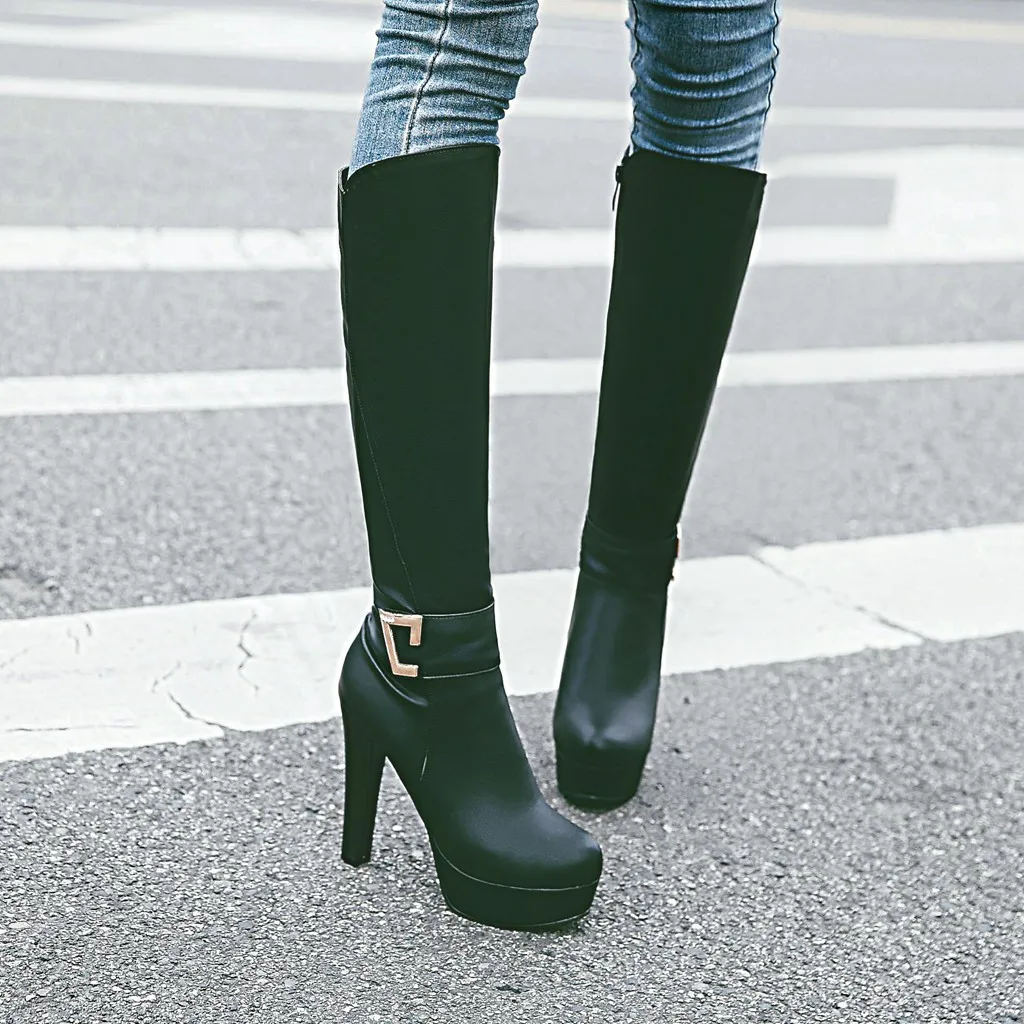 

GOXPACER Autumn Boots Women Leather Buckle Shoes Women Metal Decoration Fashion Round Toe Thin Heels Platform 2020 Free Shipping