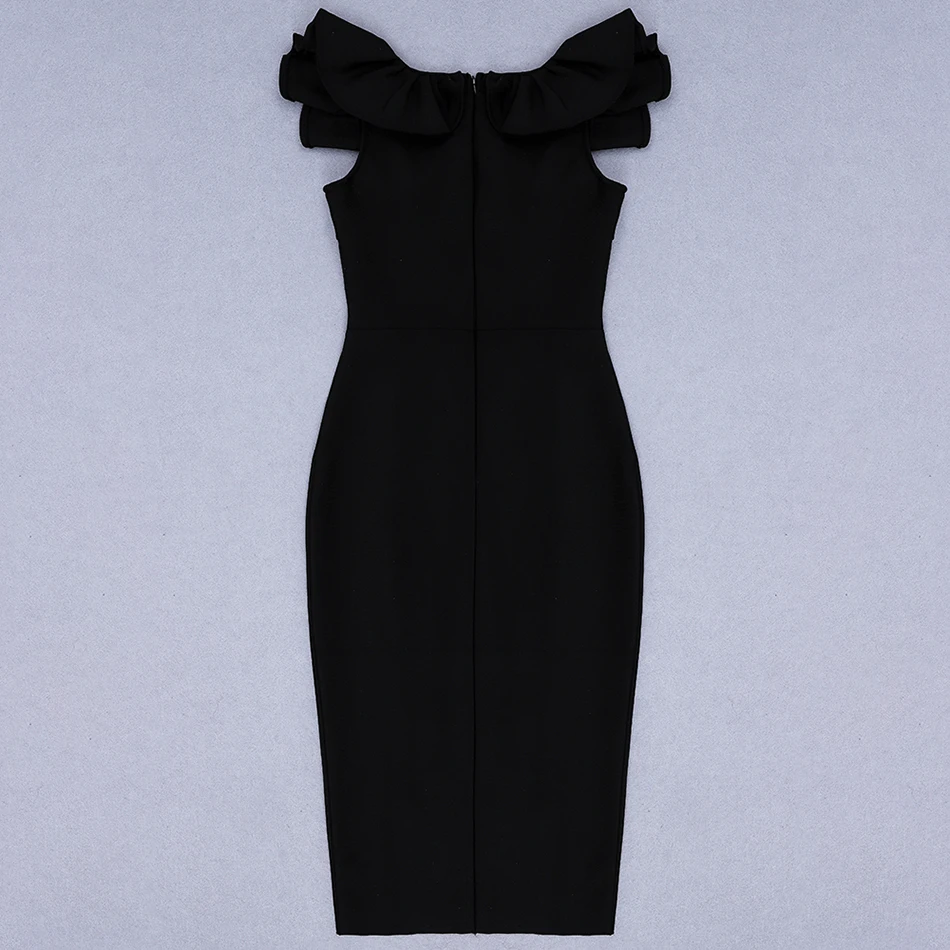 Modphy 2020 Spring New Women'S Bandage Dress Sexy V-Neck Ruffled Sleeveless Hollow Bodycon Club Party Knee-Length Black | Женская