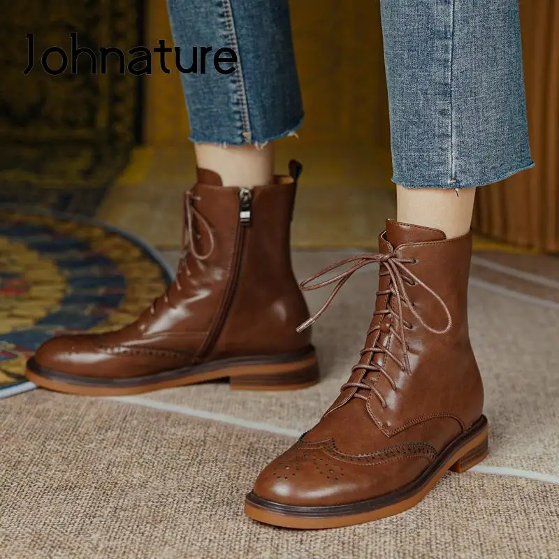 

Johnature Autumn Winter Shoes Women Boots Genuine Leather 2022 New British Style Zip Round Toe Handmade Lace-up Platform Boots