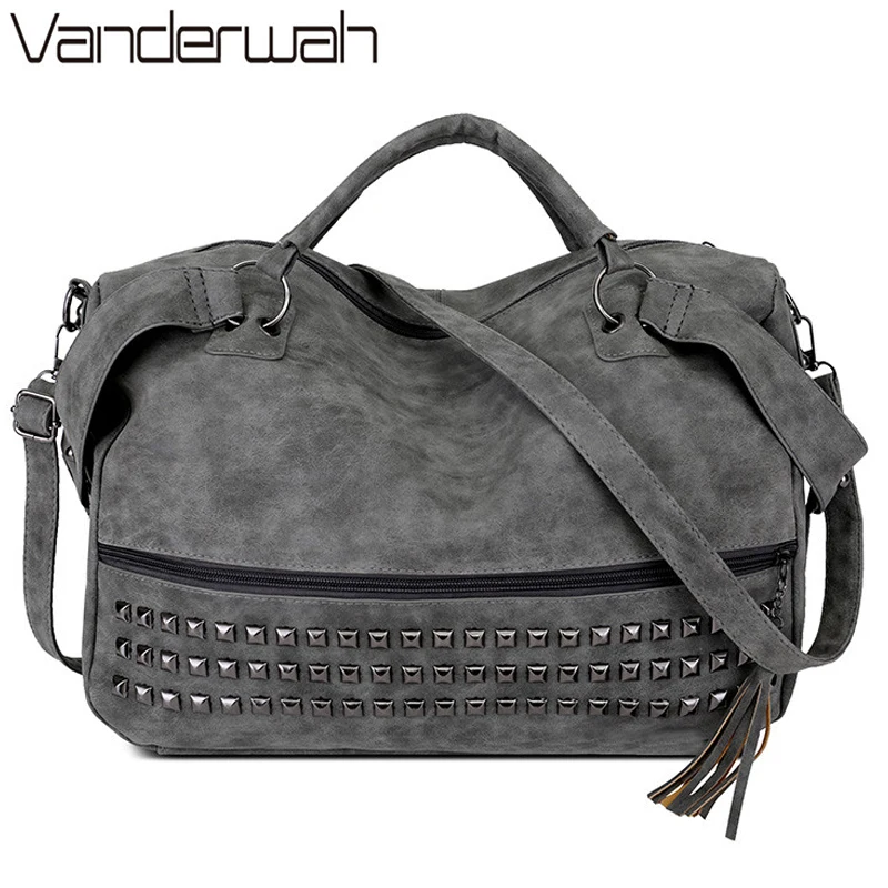 Винтажные женские сумки VANDERWAH из нубука с верхней ручкой большие заклепками