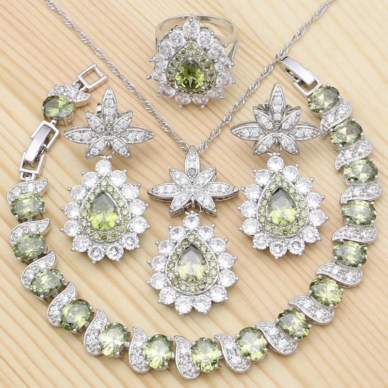 

925 Silver Kits Jewelry Sets For Women Olive Green Cubic Zirconia White Crystal Ring Bracelet Pendant Earrings Necklace Set