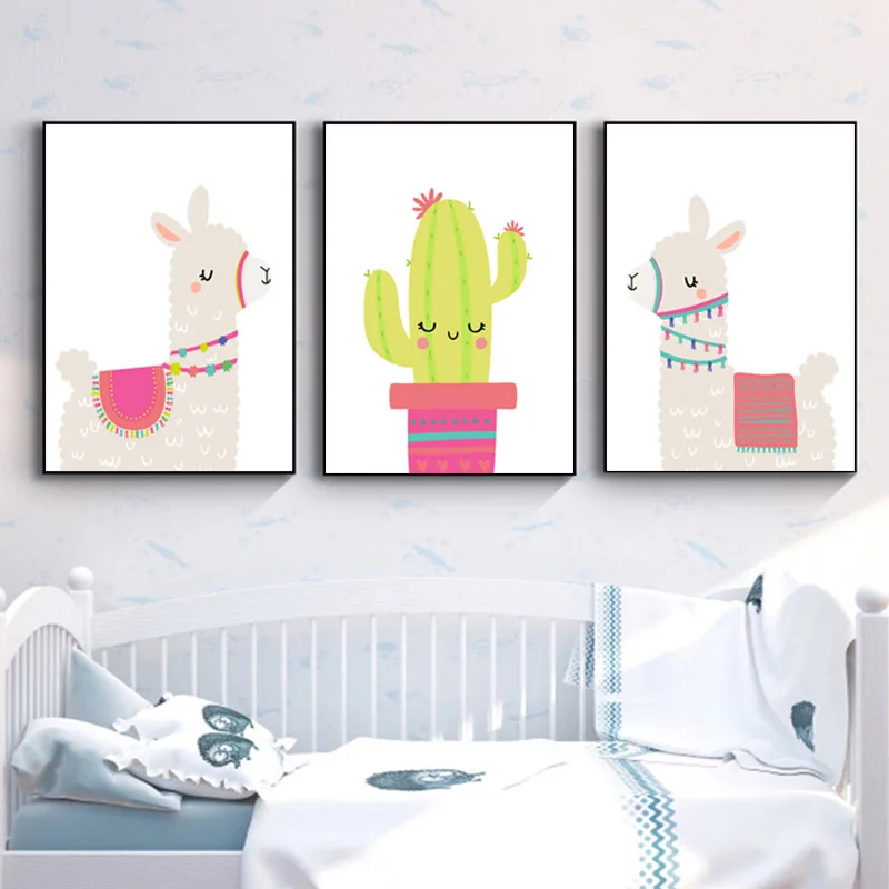 Llama Alpaca Print Nursery Wall Art Canvas Painting Cactus Nordic Posters and Prints Cartoon Pictures for Kids Room Decor | Дом и сад