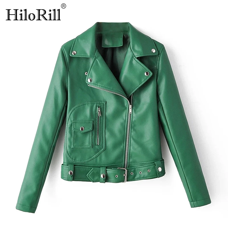 

HiloRill High Street PU Faux Leather Jacket Women Solid Long Sleeve Stylish Coat Female Pocket Zipper Decorate Jacket Coat 2021