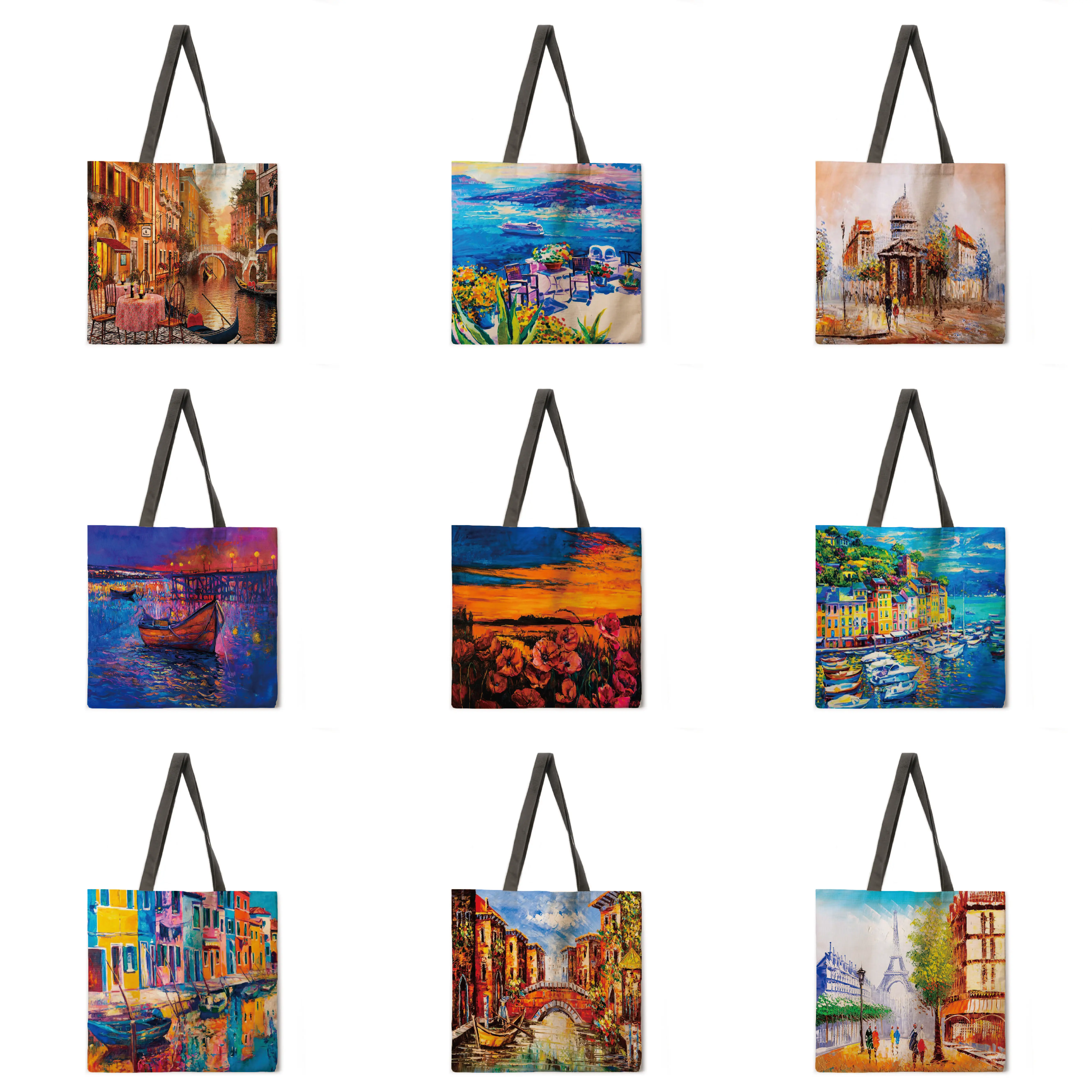 Складная сумка для покупок пасторальная с принтом маслом женская на плечо отдыха