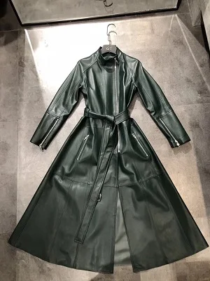 Green Пальто для женщин из натуральной кожи длинное пальто осенне-зимняя модная женская одежда кожаная куртка женская - Цвет: Green